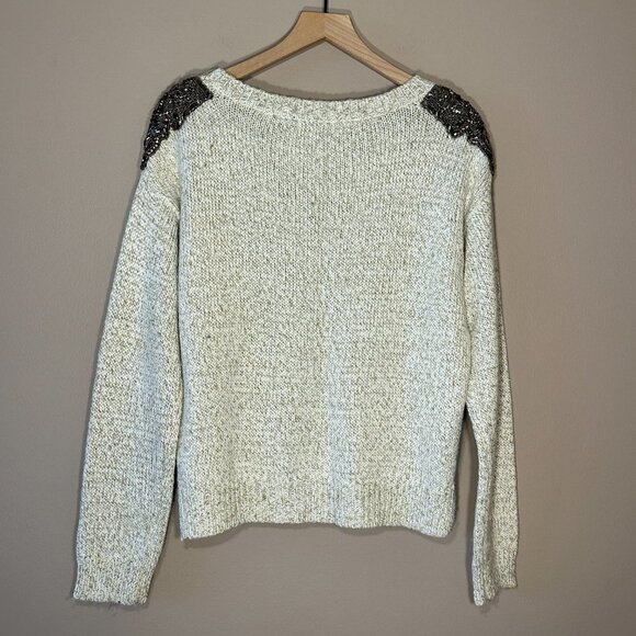 Women's L Guess Embellished Sweater White Metallic Gold Thread Crew Neck - Picture 3 of 10